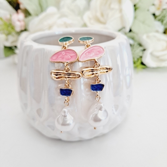 Gold Faux pearl earrings statement pink blue boho drop dainty party 💖2/$30 - Picture 7 of 10
